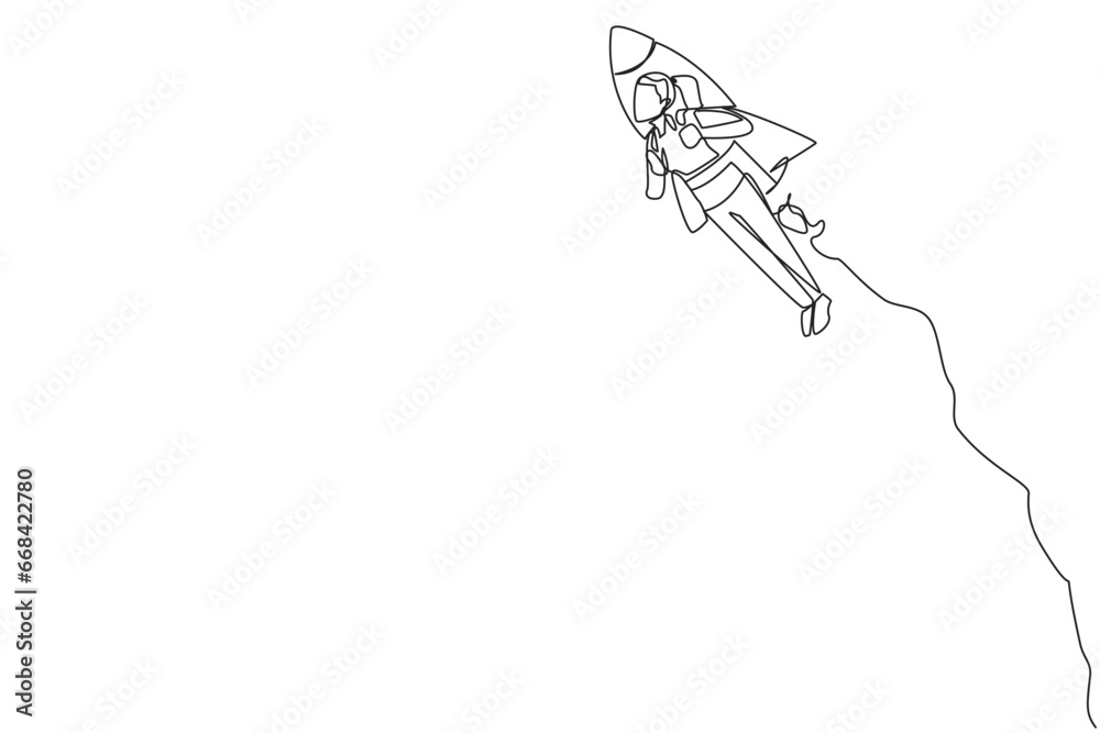 Single one line drawing young businesswoman flying with rocket. Desire to take the business to the skies. Successful entrepreneur. The great businesswoman. Continuous line design graphic illustration