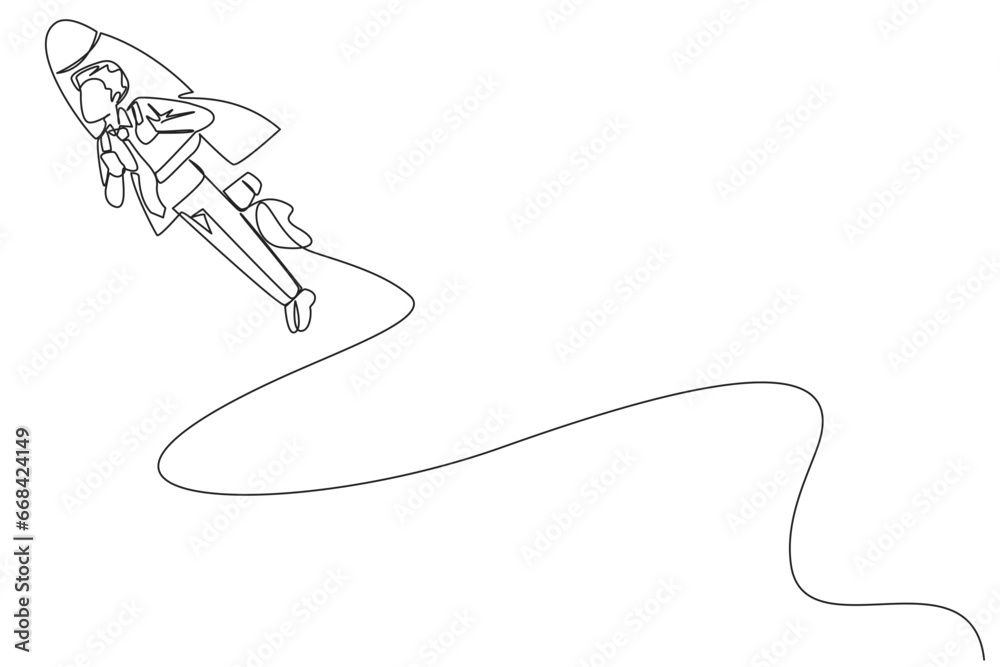 Single one line drawing young businessman flying with rocket. Desire to take the business to the skies. Successful entrepreneur. The great businessman. Continuous line design graphic illustration