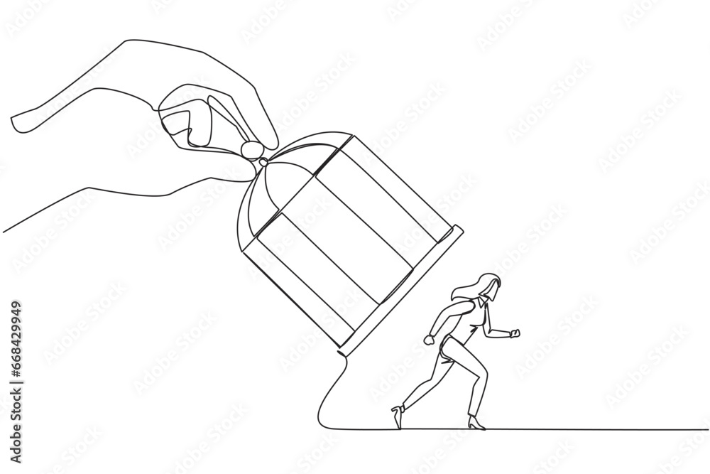 Single one line drawing big hand holding the iron cage, catch businesswoman. Want to trap in any way. Enter the trap. Unfair business competition. Lost. Continuous line design graphic illustration