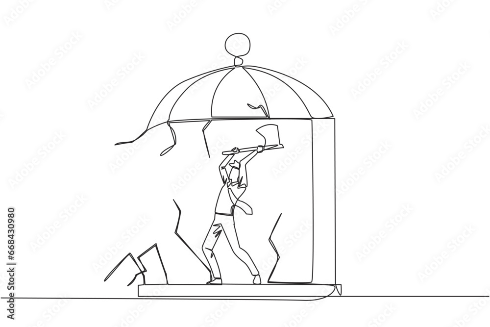 Continuous one line drawing businessman trapped in cage holding an axe and destroy the cage. Everything is done to be free. Rising anger. Disappointed. Single line draw design vector illustration