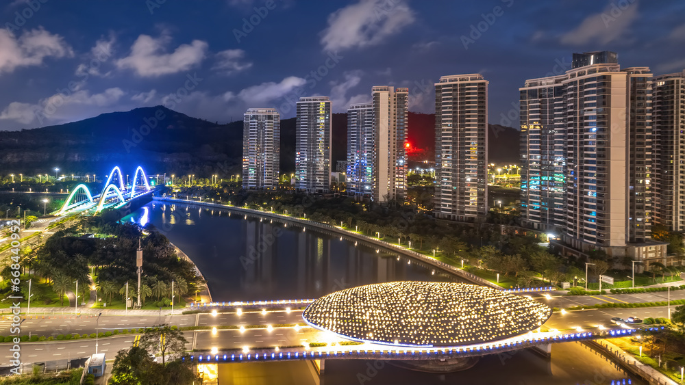 Aerial photography of modern architectural landscape at night in Zhuhai, China