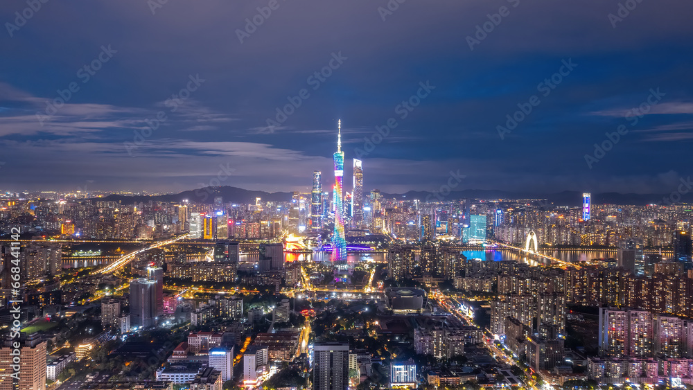 Aerial photography of modern architectural landscapes at night in Guangzhou, China