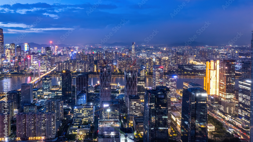 Aerial photography of modern architectural landscapes at night in Guangzhou, China