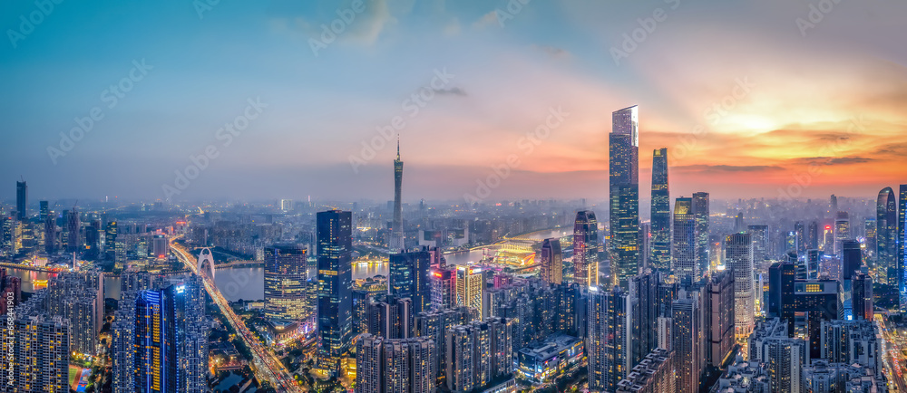 Aerial photography of modern architectural landscapes at night in Guangzhou, China