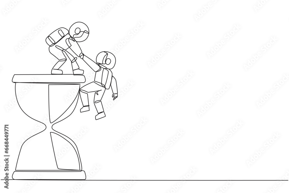 Continuous one line drawing young astronaut helps colleague climb big hourglass. Have many assignment deadlines. Sharing with colleague will become easier. Single line draw design vector illustration