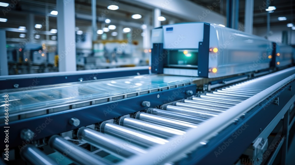 High-speed automated packaging conveyor belt in a factory.