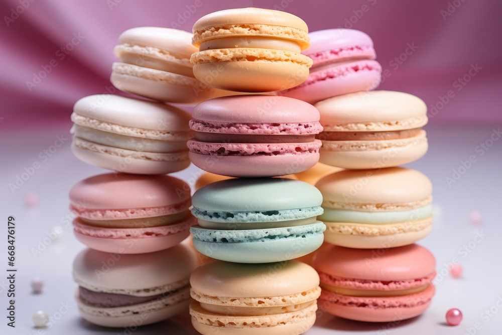 Macaron cakes of different pastel colors.