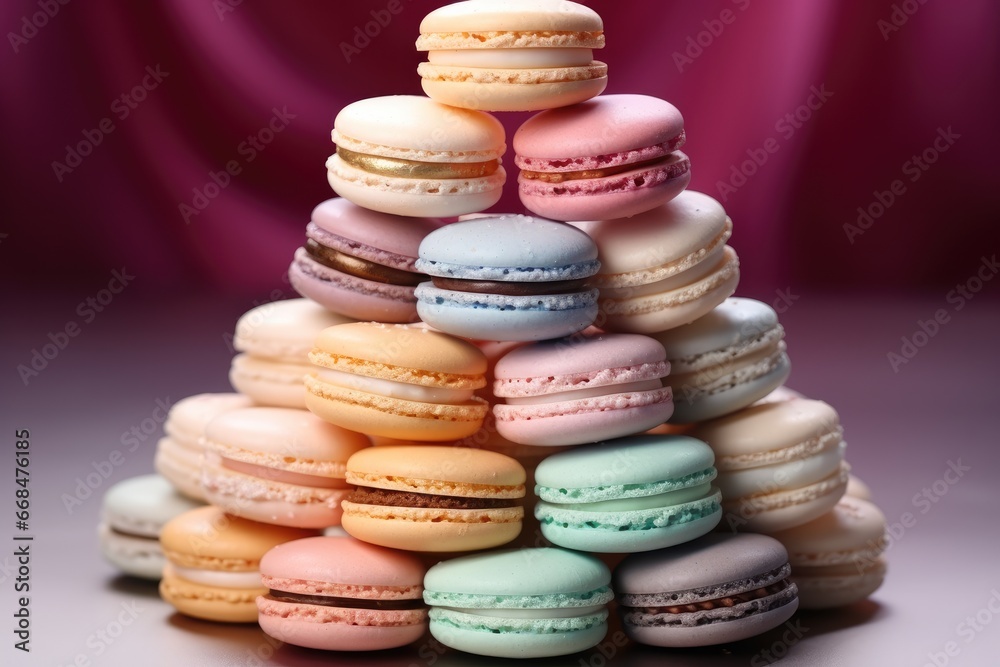 Macaron cakes of different pastel colors.