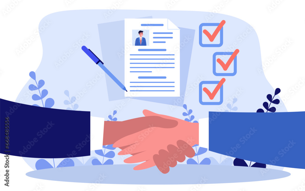 Handshake and CV with check marks. Flat vector illustration. Successful interview outcomes concept