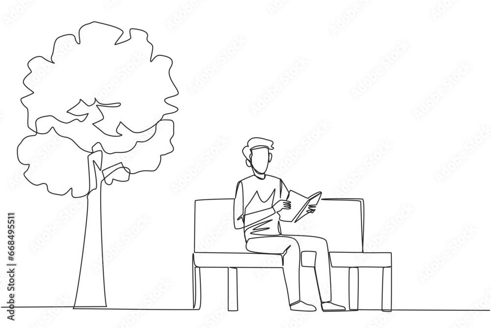 Continuous one line drawing man sitting on park bench reading book. Learn by re-reading textbook. Read to get maximum marks. Reading increase insight. Single line draw design vector illustration