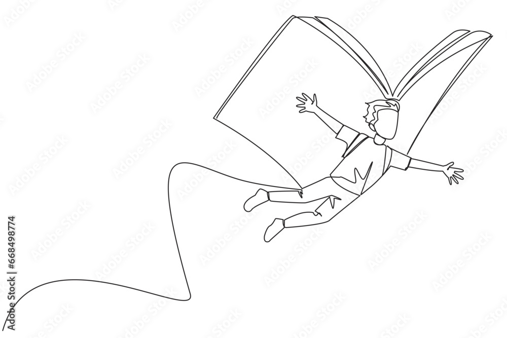 Single continuous line drawing brave man flying with wings that come from an open big book. The metaphor carried away with the storyline. Constructive fantasy. One line design vector illustration