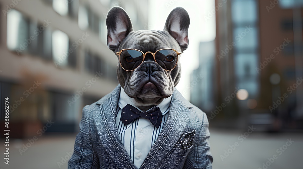 French bulldog dog is dressed in a humorous business suit, complete with a tie, in an urban setting. The dogs serious expression and attire humorously mimic a business leader or company boss.