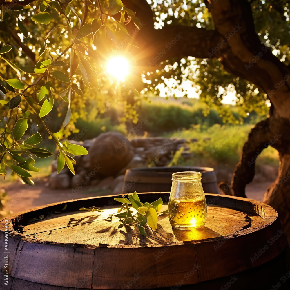 Bottles with organic olive oil and olives on a wooden table on the background of sunset in an farm garden. Generative AI