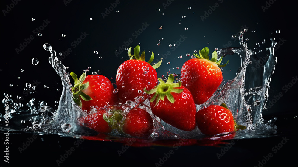 Fresh strawberry with water splashes on dark background. Generative AI