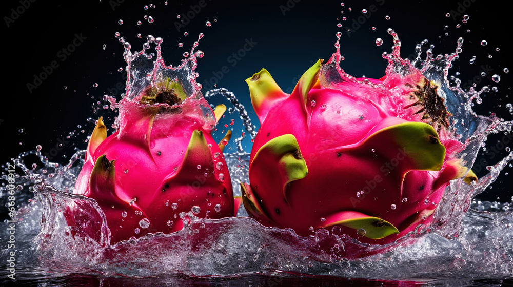 Fresh pitaya with water splashes on dark background. Generative AI