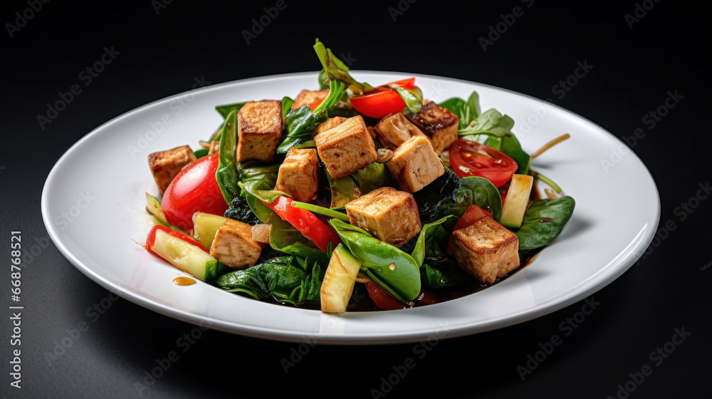 A vegan tofu salad with vegetables on white plate.