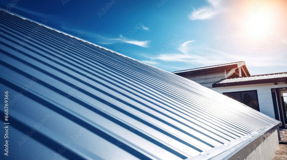 Corrugated metal roof installed in a modern house. Metal sheet roof.