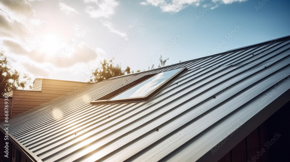 Corrugated metal roof installed in a modern house. Metal sheet roof.