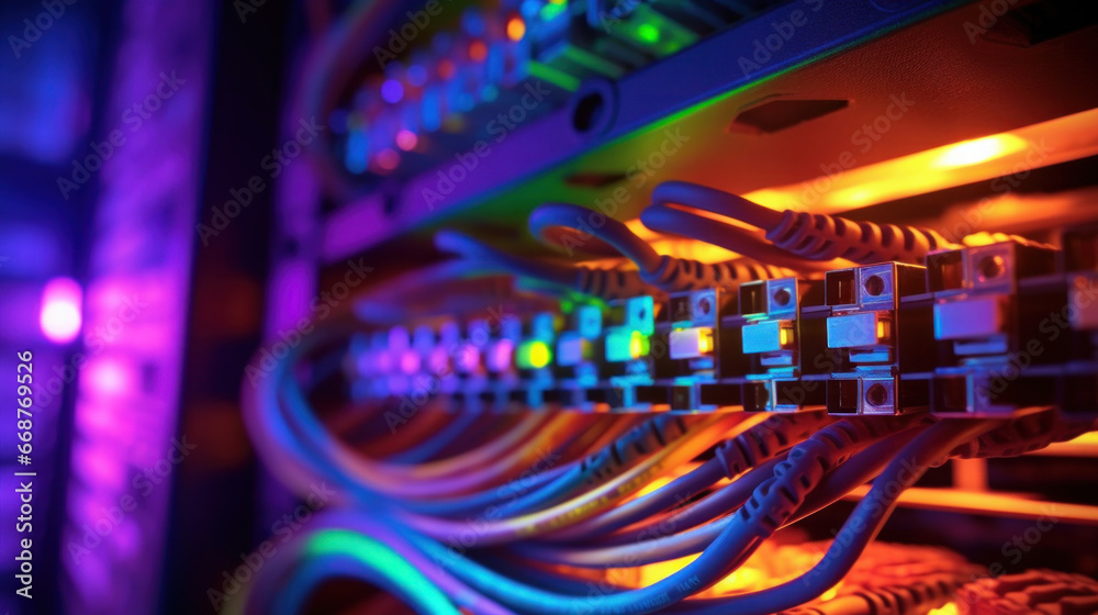 Internet cables and wires in server room with switch. Network background.