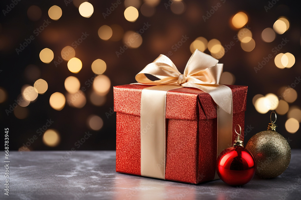 Box with Christmas gift and Christmas tree balls on the table on a blurred background with bokeh. Merry Christmas and Happy New Year greetings