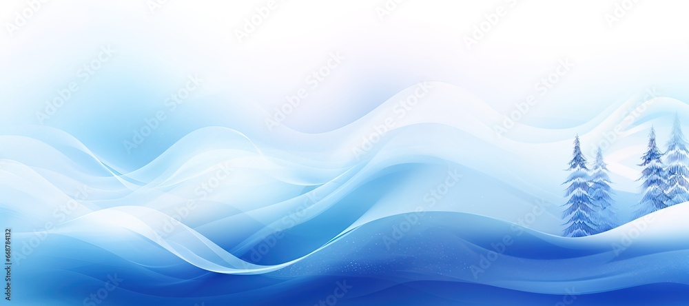 Winter abstract background with wavy lines on blue background and fir trees