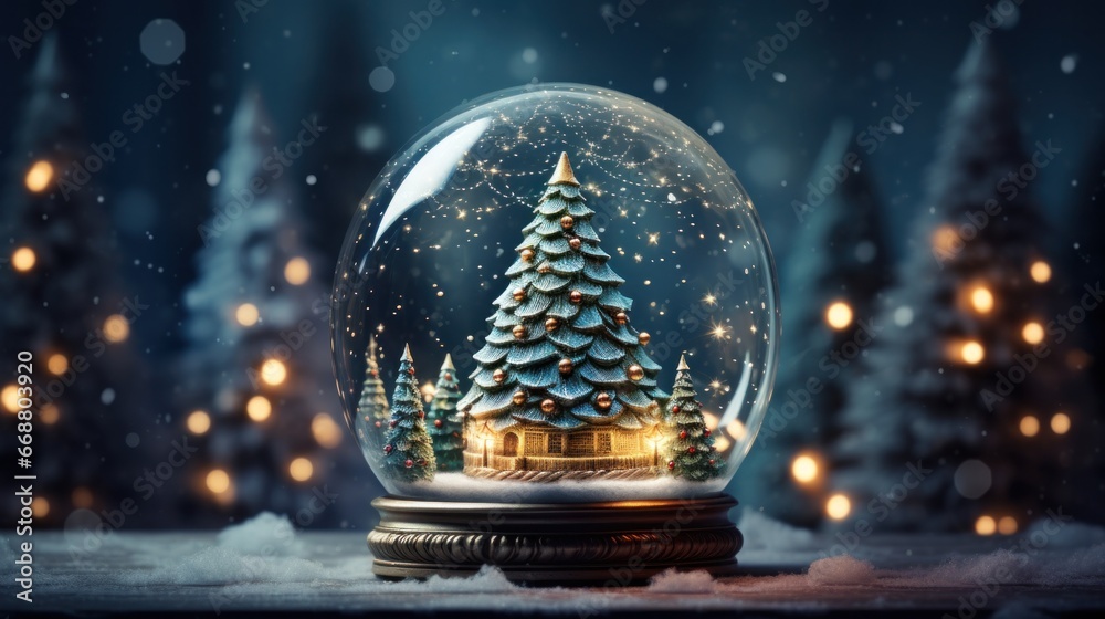 A Christmas Tree Gleaming Inside a Snow Globe