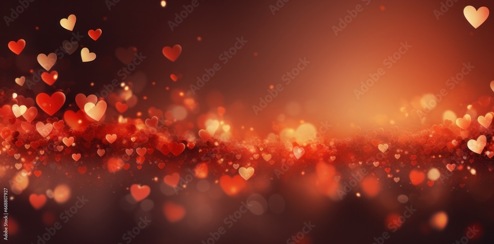 many romantic hearts falling down in an orange background