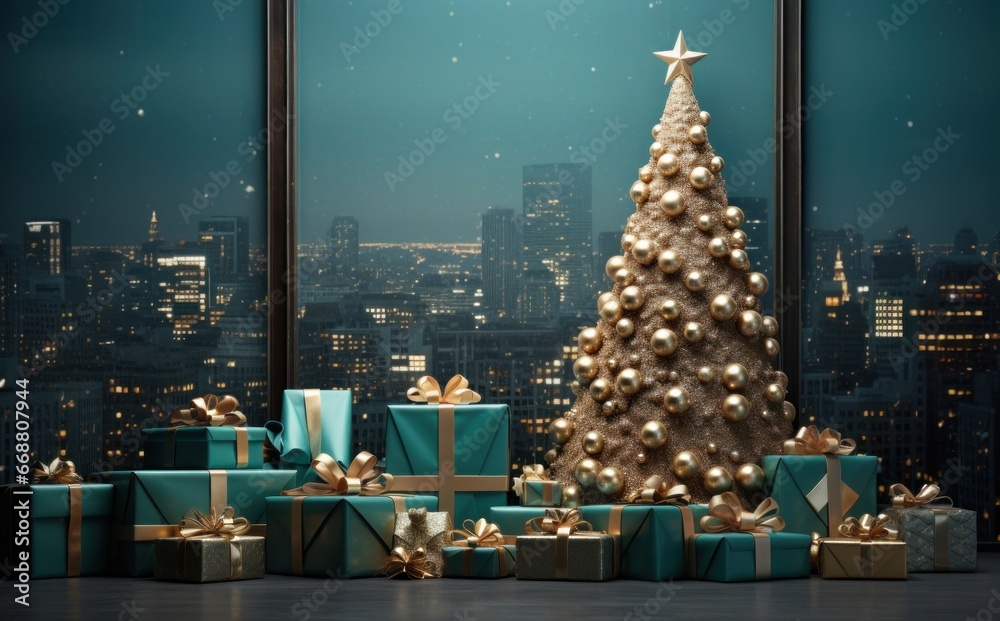 christmas tree with presents on dark background