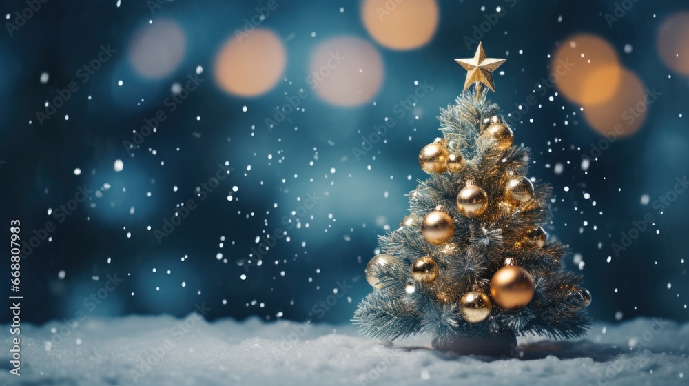 a close up image of a christmas tree in snow