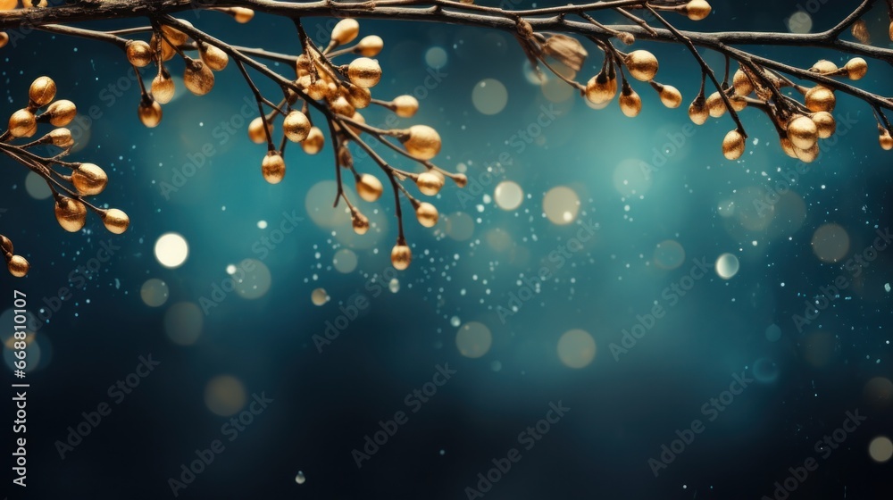 christmas branches under rain in bokeh background