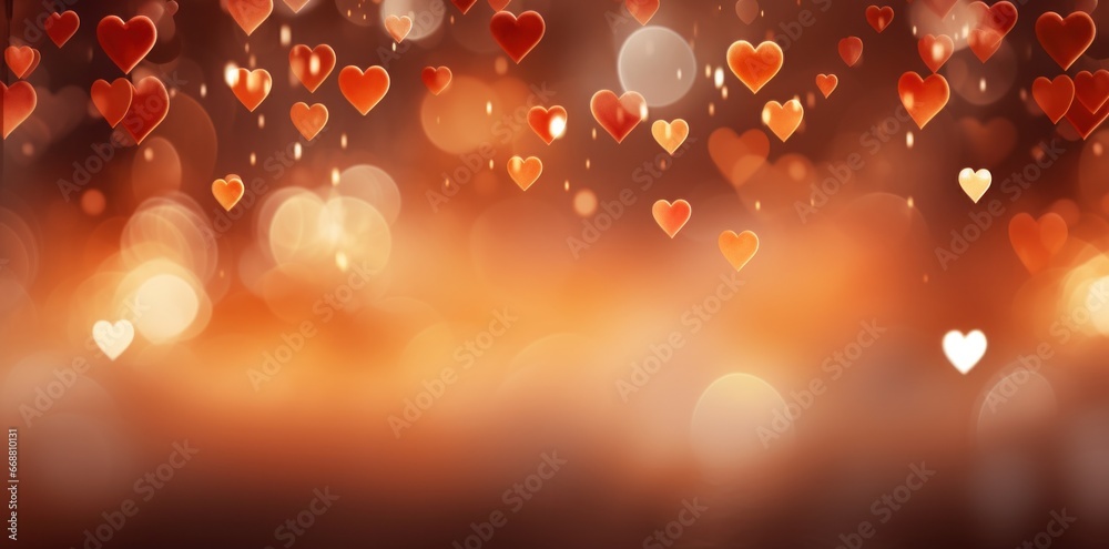 many romantic hearts falling down in an orange background