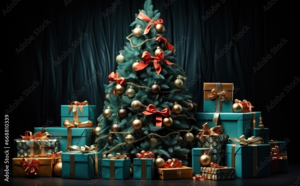 a christmas tree on a dark background with presents