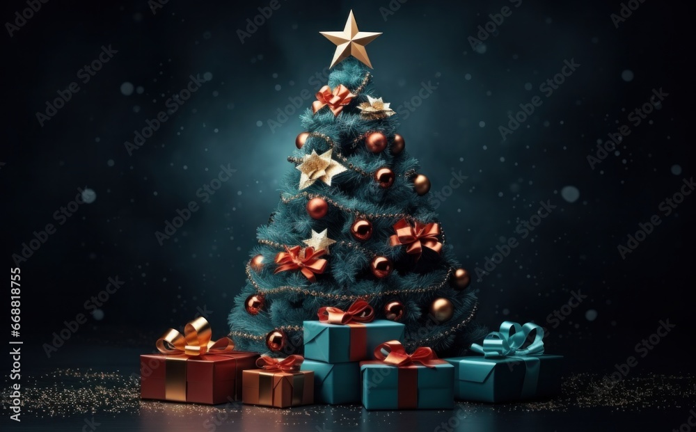 a christmas tree on a dark background with presents