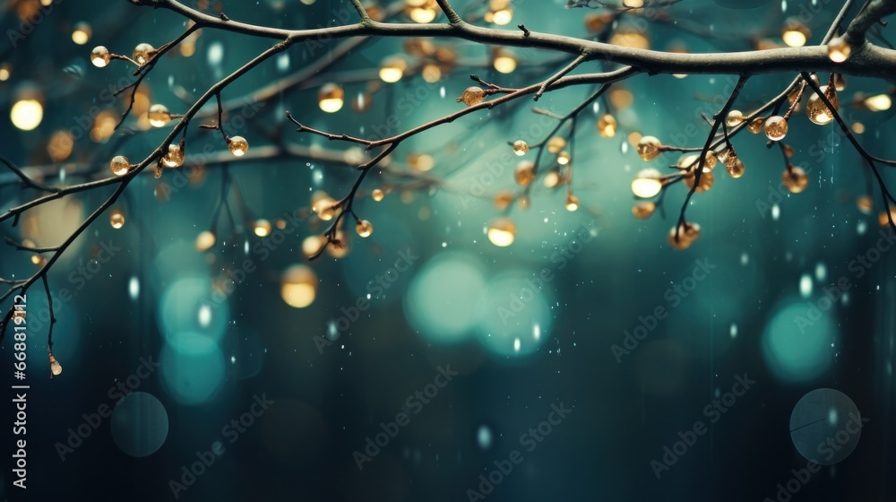 christmas branches under rain in bokeh background