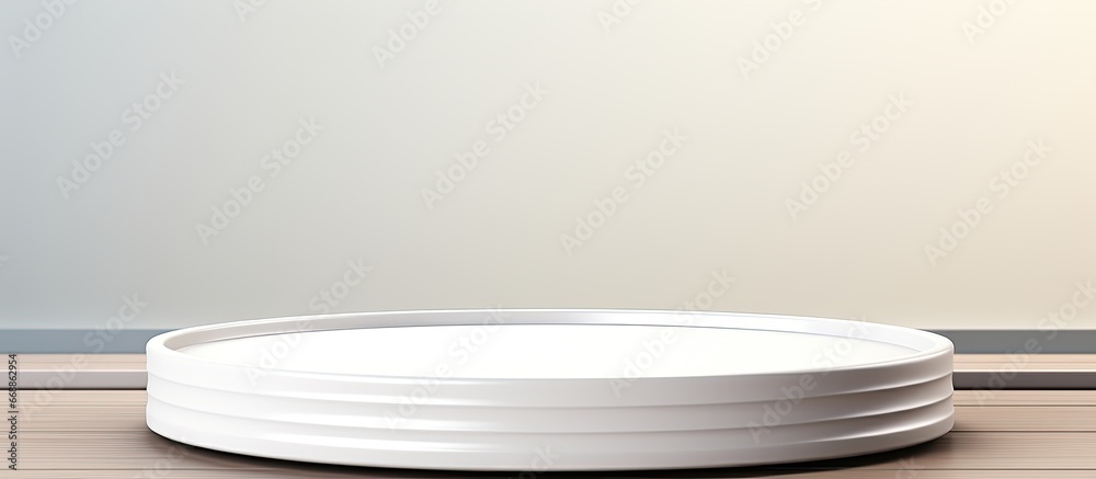 White circular product display tray on kitchen sink background