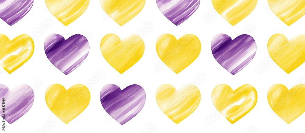 Yellow watercolor striped hearts accompanied by purple heart elements create a seamless pattern suitable for Valentines Day and wedding decorations ideal for print textile decor packaging an