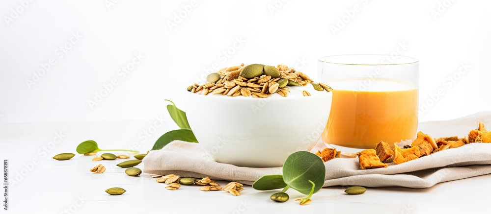 Nutritious breakfast for a contemporary woman consisting of granola muesli with pumpkin seeds honey yogurt in a glass bowl and coffee on a white background Good morning