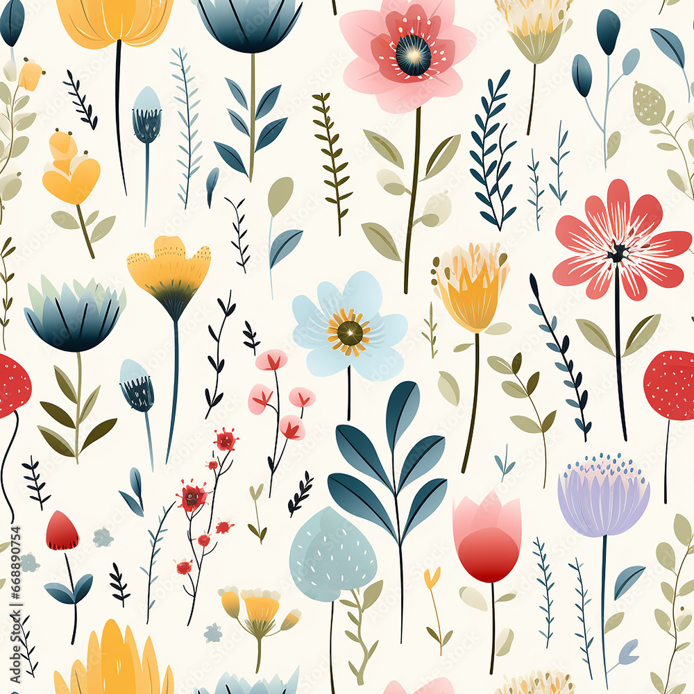 cute watercolor childish flowers seamless pattern