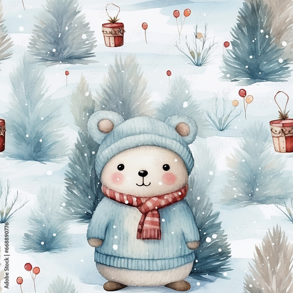 cute watercolor childish christmas seamless pattern