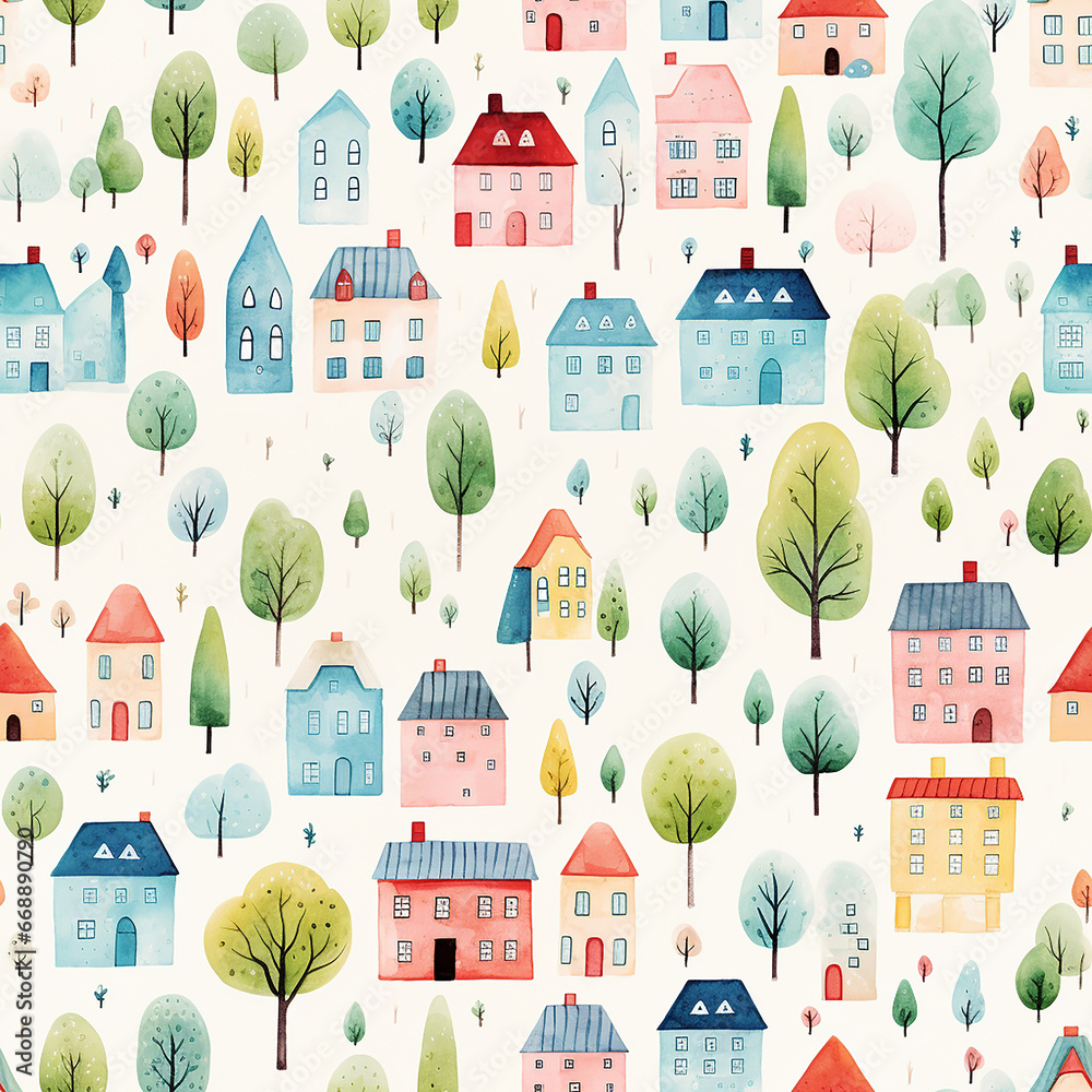 cute watercolor childish trees seamless pattern