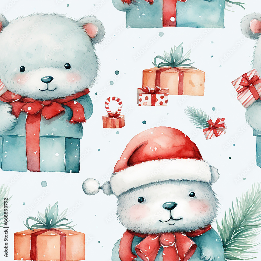 cute watercolor childish christmas seamless pattern