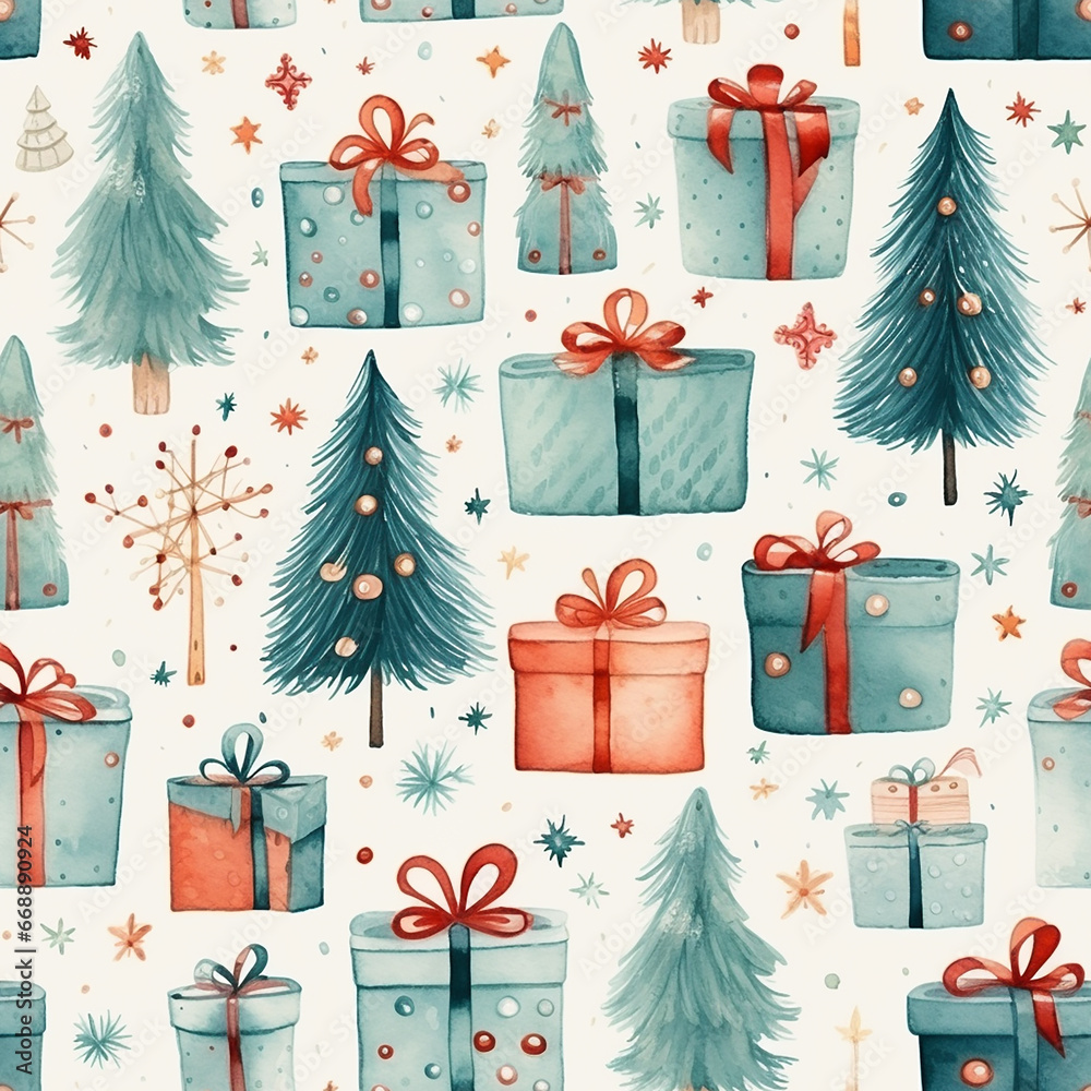 cute watercolor childish christmas seamless pattern