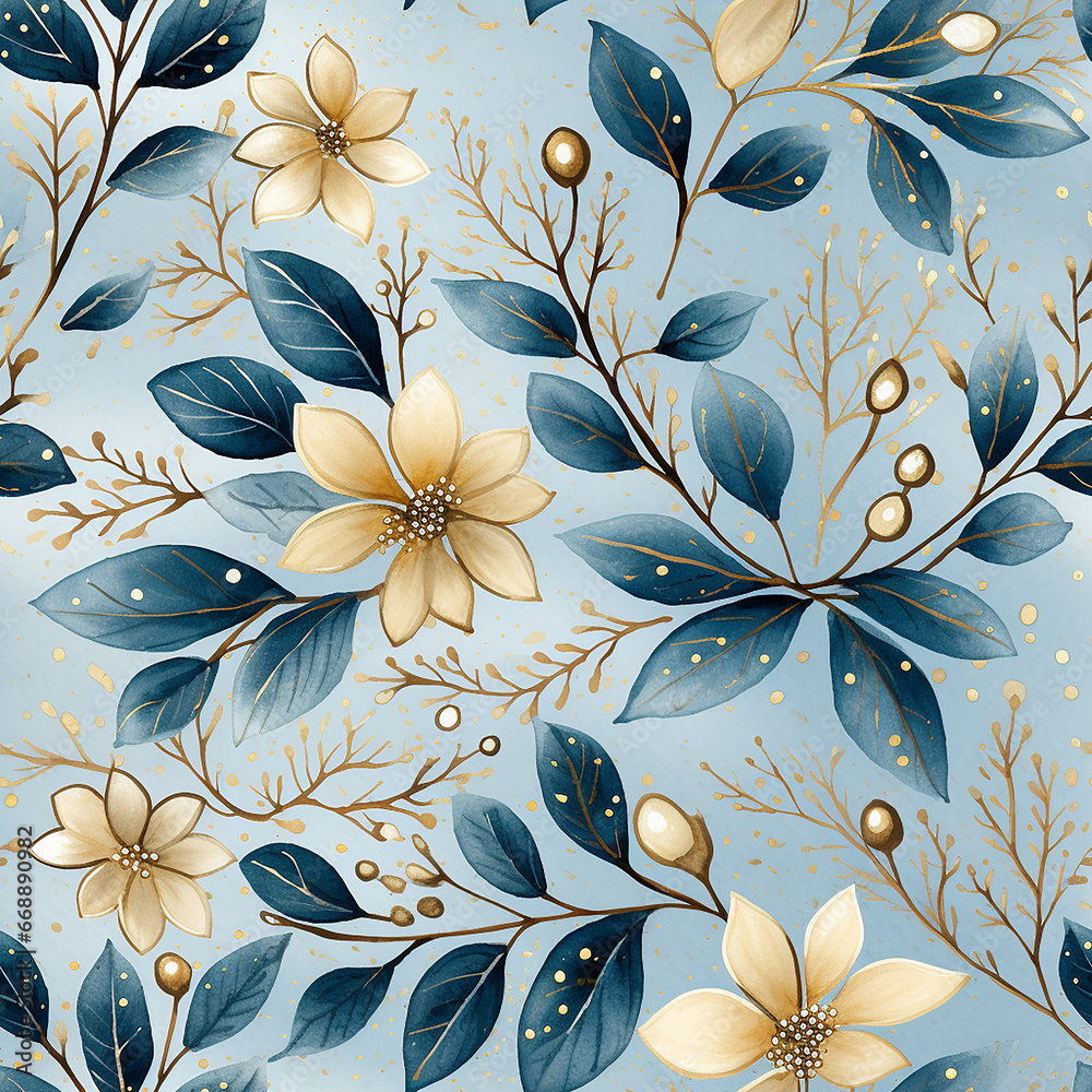 cute watercolor blue and gold christmas seamless pattern