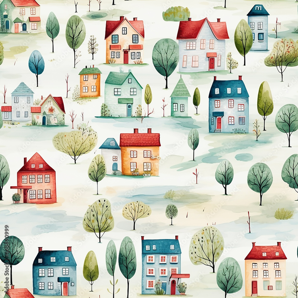 cute watercolor childish trees seamless pattern