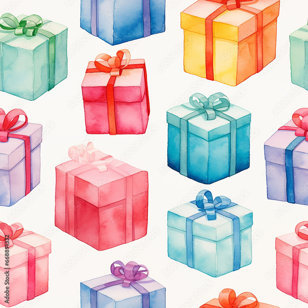 cute watercolor colorful gift boxes seamless pattern