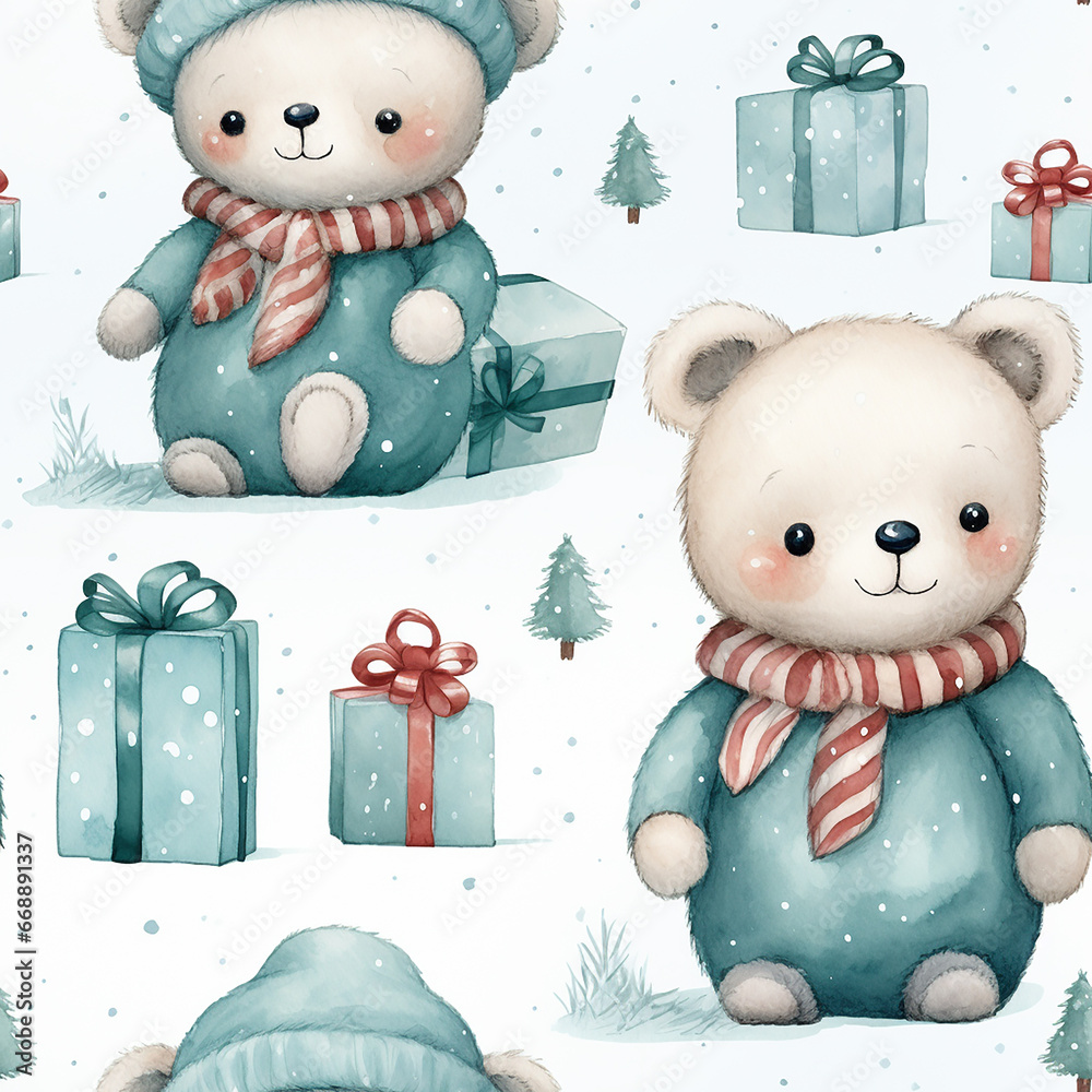 cute watercolor childish christmas seamless pattern