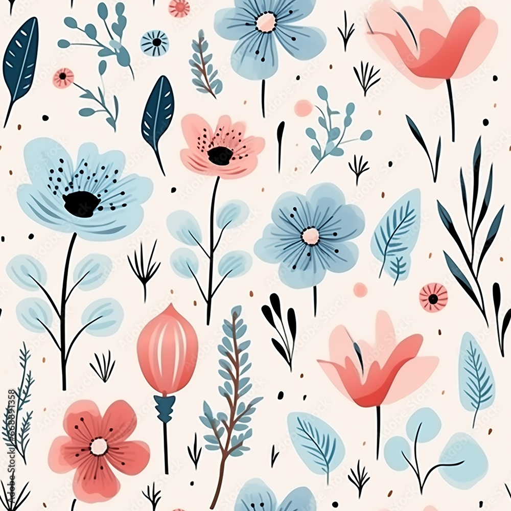 cute watercolor childish flowers seamless pattern