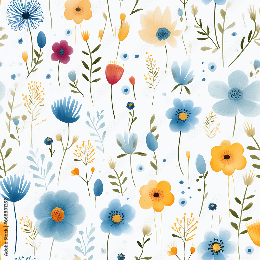 cute watercolor childish flowers seamless pattern