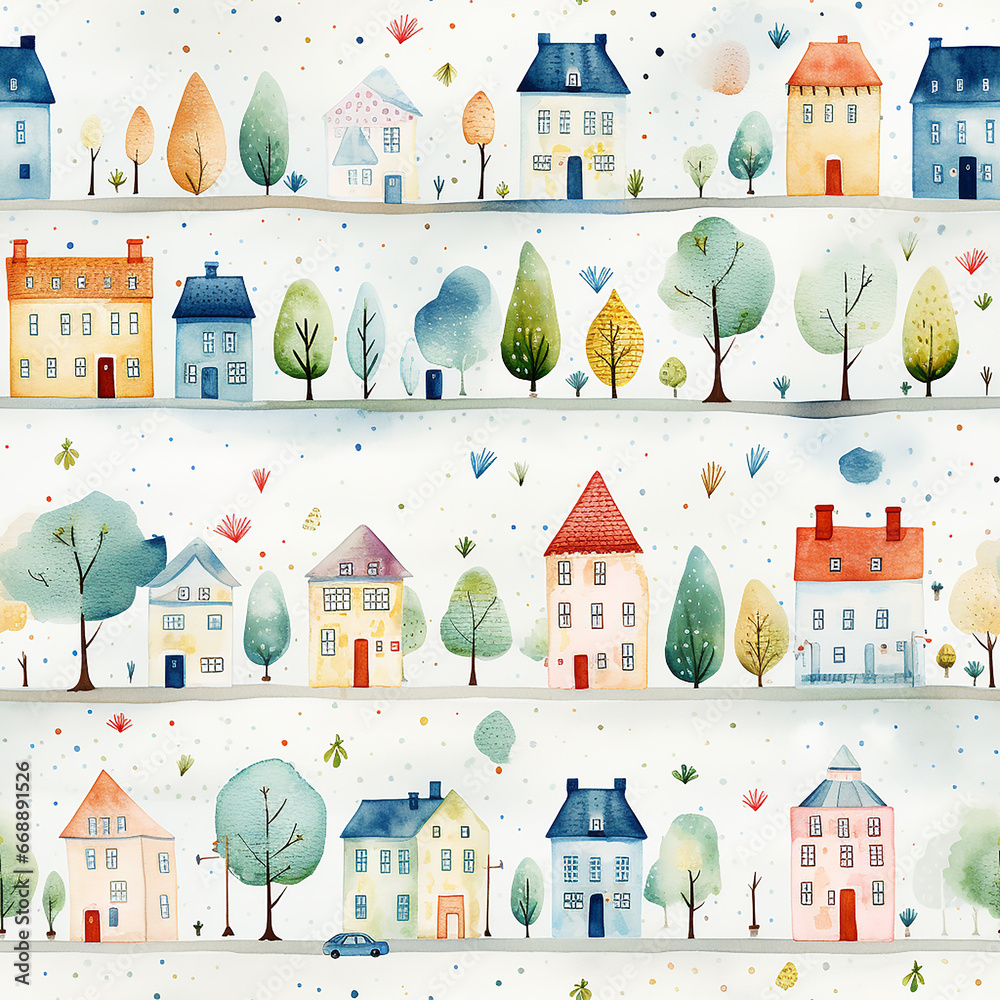 cute watercolor childish trees seamless pattern