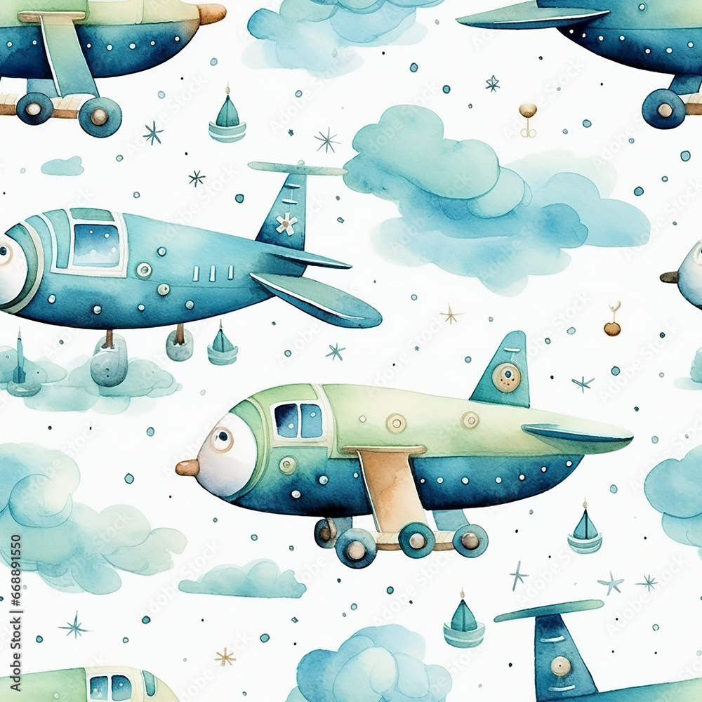 cute watercolor childish airplanes seamless pattern